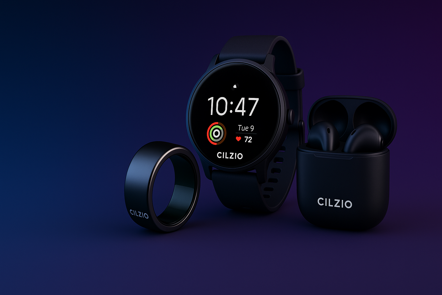 Cilzio Smart Ecosystem Desktop Banner - Ring Watch Earphones Complete Solution Balanced Design