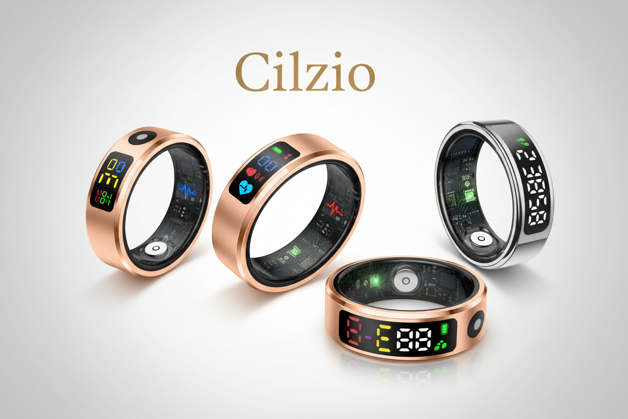 Cilzio smart rings with health monitoring, digital display and NFC technology in gold, rose gold and silver finishes