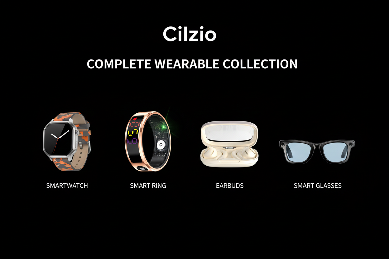 Cilzio wearable collection featuring smartwatch, smart ring, earbuds and smart glasses